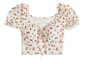 Aahwan Women's Printed & Girls' Puff Sleeve Tie Front Ditsy Floral Slim Fit Top