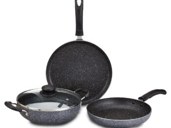 Amazon Brand - Solimo Aluminium 4 Piece Non-Stick Cookware Set | Granite Finish | Induction Base | Pfoa Free | HTR Exterior Coating | 25Cm Tawa, 22 Cm Kadai, 22Cm Fry Pan, 1 Glass Lid | Grey