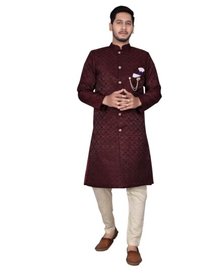 Amzira Men's Ethnic Wear Coffee Traditional Indo Western Kurta Pyjama Set, Sherwani, Wedding Wear Kurta Set for Men, Party Wear Suit