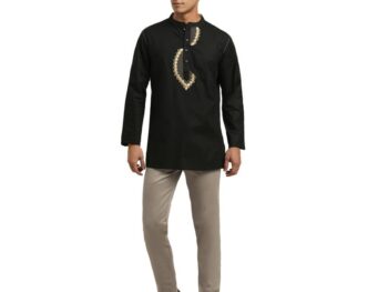 Arch Attire Men's Kurta | Poly Cotton Blend Short Kurta | Full-Sleeve with Designed Mandarin Collared Neck | Stylish and Traditional | Ethnic Wear | Ideal for Every Occasion | Pack of 1 (Black)