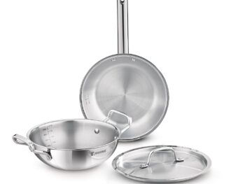 Bergner Tripro Triply Stainless Steel 3 Pc Cookware Set, 24 cm Indian Wok/Kadai with Lid, 22 cm Frypan Without Lid, Fast and Event Heating, Induction Bottom, Gas Ready, Silver