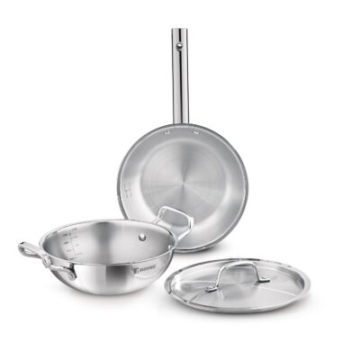 Bergner Tripro Triply Stainless Steel 3 Pc Cookware Set, 24 cm Indian Wok/Kadai with Lid, 22 cm Frypan Without Lid, Fast and Event Heating, Induction Bottom, Gas Ready, Silver