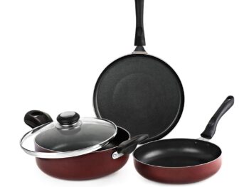 Cello Prima Induction Base Non-Stick Aluminium Pan Cookware Set of 3 (Dosa Tawa 28 cm, Fry Pan 22 cm, Kadai with Glass Lid 22 cm) | Induction & Gas Stove Compatible | Cherry Red