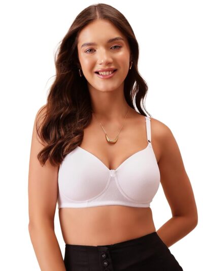 Clovia Women's Cotton Rich Solid Padded Full Cup Wire Free T-Shirt Bra - White