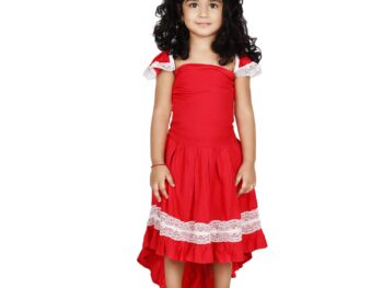 D Leela's Girls Red Knee Length Casual Fit and Flare 100% Cotton Lining Dress for Little Teen Agers Reguler use Party Ware Frock Woman Favorite