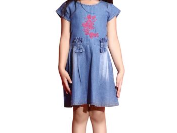 Dear Me Girl's Denim Fit & Flare Casual Blue Colour Dress for Baby Girls and Teen Girls 3 Years to 16 Years
