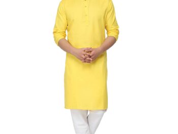 GauriLaxmi Enterprise Men's Solid Straight Kurta Pyjama Set (Full Pair_Cotton Blend) (12 Colors) (XX-Small, Yellow (Light))