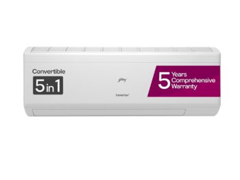 Godrej 1 Ton 5 Star, 5 Years Comprehensive Warranty, 5-in-1 Convertible Cooling, Inverter Split AC (Copper, Heavy-Duty Cooling at 52 Deg Celcius, AC 1T EI 12IINV5R32-WWR, White)