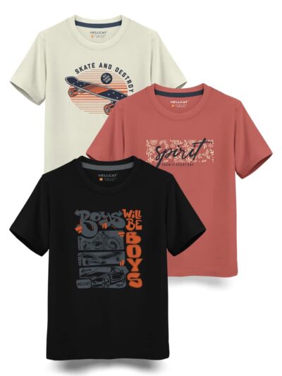 HELLCAT Boys Round Neck Printed Blended Cotton Tshirt -Combo Pack of 2 - Orange/Blue