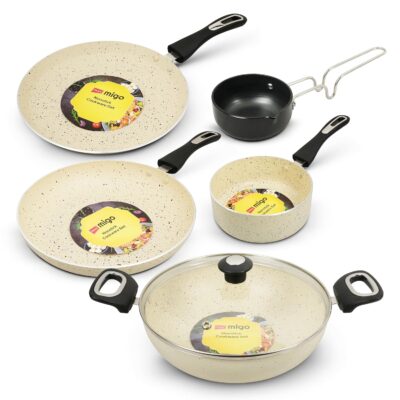 Impex 6 Pcs Nonstick Granite Cookware Set | 3 mm Thickness | Induction Bottom Cookware Set, Nonstick Cookware Set of Frypan, Kadai Pan, Tawa Pan, Tadka Pan and Milk Pan | 1 Year Warranty