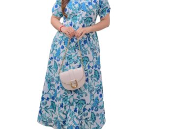JALMALA’s Sky Blue Cotton Calf-Length Dress: Floral Geometric Print, Flared Sleeves & Mandarin Neck || Kurti, Kurta, Dress or Gown for Teenage Girls & Women
