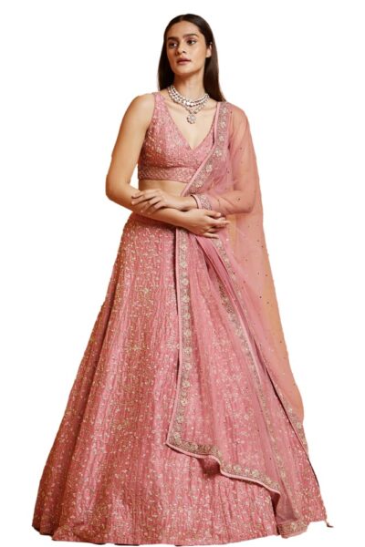 JIHU CULTURE Women's Pink Malai Silk Semi-Stitched Lehenga Choli Set With Sequins Embroidered Work
