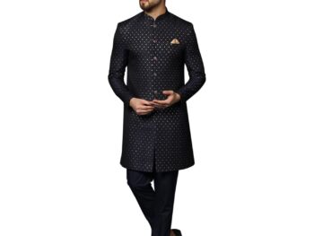 KISAH Men's Black Sherwani Trousers Set, Indo-Western, Cotton Full Sleaves, Knee Length, Straight, Regular Fit, Mandarin Collar Ethnic wear
