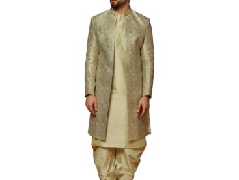 KISAH Men's Black and Maroon Indo-Western Kurta Sherwani Churidar Set Cotton Silk Full Sleaves, Knee Length, Straight, Regular Fit, Mandarin Collar Ethnic Casual