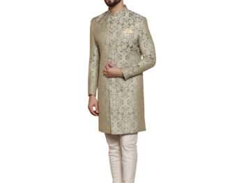 KISAH Men's Ethnic Wear Silk Blend Woven Design Regular Fit Olive Indo-Western Sherwani Set Indo-Western