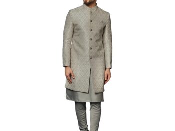 KISAH Men's Grey Jacquard Indowestern Sherwani Kurta & Pajama Set – Regular Fit, Mandarin Collar | Indian Wedding