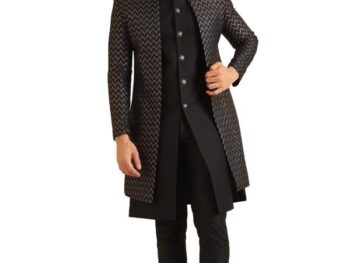 KISAH Men's Indo-Western Waistcoat Sherwani Trouser Set, Black Jacquard, Woven Design Regular Fit Mandarin Collar Long Sleeves