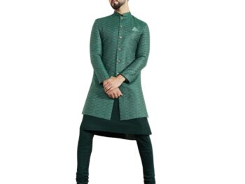 KISAH Men's Kurta Indo-Western Sherwani Churidar Set, Green Silk Blend, Woven Design Regular Fit Mandarin Collar Long Sleeves