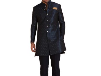 KISAH Men's Navy Blue Jacquard Indowestern Sherwani & Pajama Set – Regular Fit, Mandarin Collar | Indian Wedding & Festive Wear