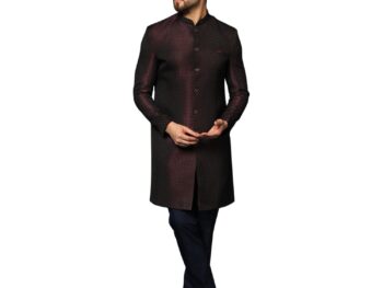 KISAH Men's Wine Jacquard Indowestern Sherwani & Navy Blue Pajama Set – Regular Fit, Mandarin Collar | Indian Wedding & Festive Wear