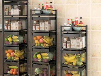 KWER Metal Kitchen Trolley Square Onion Baskets for Storage,Kitchen Accessories Items&Vegetable Basket for Kitchen Organizer Items&Storage Portable Kitchen Accessories with Wheels(Black,Layer-2)