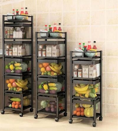 KWER Metal Kitchen Trolley Square Onion Baskets for Storage,Kitchen Accessories Items&Vegetable Basket for Kitchen Organizer Items&Storage Portable Kitchen Accessories with Wheels(Black,Layer-2)