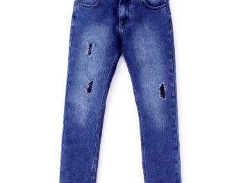 Knit N Knot Boy's Solid Cotton Torn Rugged Rapture Distress Slim Fit Jeans | Faded Stylish Denim Pant for Kids | Blue Indigo Navy