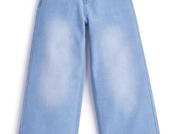 Knit N Knot Girls' Kids Light Blue Wide Leg Flared Fit Relaxed Loose high Rise Jeans with Attached Embroidered Floral Lace Bottom | Casual Festival Occassional wear | Non Stretch |Adjustable Waist