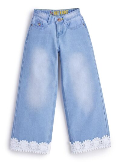 Knit N Knot Girls' Kids Light Blue Wide Leg Flared Fit Relaxed Loose high Rise Jeans with Attached Embroidered Floral Lace Bottom | Casual Festival Occassional wear | Non Stretch |Adjustable Waist