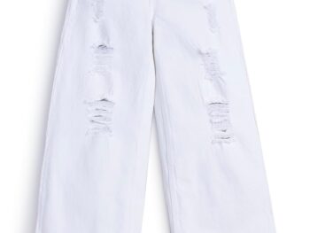 Knit N Knot Girl's Kids Premium White Wide Leg Flared Fit Relaxed Loose Torn Ruptured High Waist Frayed Bottom Jeans | Regular Casual Festival Occassional Wear | Non Stretch | Adjustable Waist