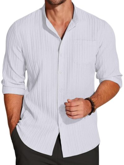 Leriya Fashion Casual Textured Button Down Regular Fit Shirts Long Sleeve Shirt for Men