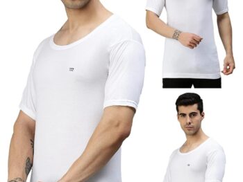 Lux Cozi Men's White Round Neck Half Sleeves 100% Cotton Vest with Extended Length for Easy Tuck (Pack of 3)