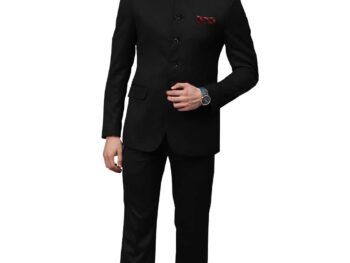 MANQ Men Black Solid Slim Fit Bandhgala Suit