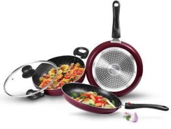 MILTON Pro Cook Kitchen Jewel Cookware Set of 3 (Fry pan 24 cm/1.6 litres; Kadhai 24 cm/2.5 litres with Glass lid & Tawa 25 cm), Peach, Induction, Hot Plate, Flame Safe, Non-Stick