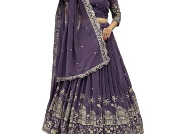 MODEMIX Designer Lehenga Choli Set, Purple Georgette with Silver Embroidery, Traditional Palace and Elephant Motifs