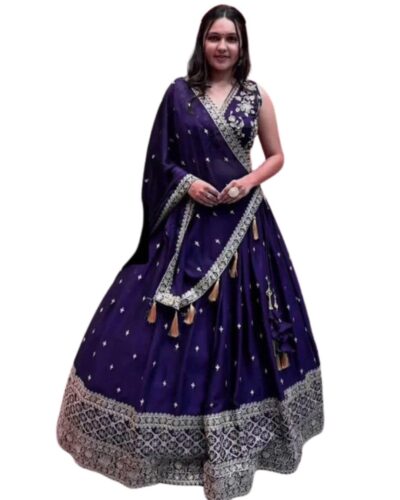 MODEMIX Traditional Wedding Lehenga, Royal Purple with Silver Embroidery, Tasselled Dupatta