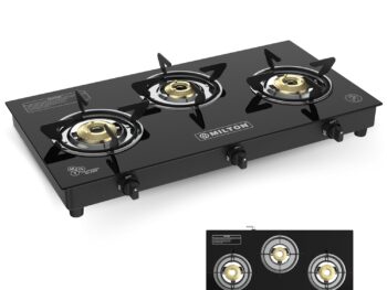 Milton Premium Pro 3 Burners Auto Ignition Gas Stove | ISI Certified | 6mm Toughened Glass Top | 360 Degree Nozzle | Heavy Duty Pan Support | Pure Brass Burners | 1 Year Manufacturer's Warranty -Black