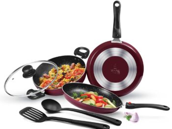 Milton Pro Cook Kitchen Pride Nonstick Cookware Set of 5 Includes Non Stick Tawa 25cm, Fry Pan 24cm/1.6 litres, Kadhai with Glass Lid 24cm/2.5 litres, Nylon Laddle & Spatula, Non-Induction Base, Peach