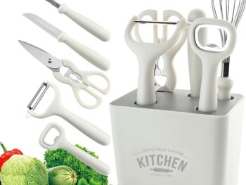 Mirramor Stainless Steel 6-Piece Kitchen Gadgets Set, Kitchen Scissors, Kitchen Utensils Set with Holder, Paring Knife, Whisk, Bottle Opener, Peeler- Anti-Slip Handle, Decorative Base, White