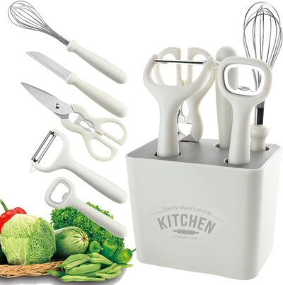 Mirramor Stainless Steel 6-Piece Kitchen Gadgets Set, Kitchen Scissors, Kitchen Utensils Set with Holder, Paring Knife, Whisk, Bottle Opener, Peeler- Anti-Slip Handle, Decorative Base, White