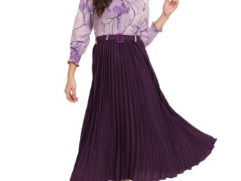 OTABU Women A-line Dress with Pleats, has an Square Neck, Printed Top Comes with a Belt