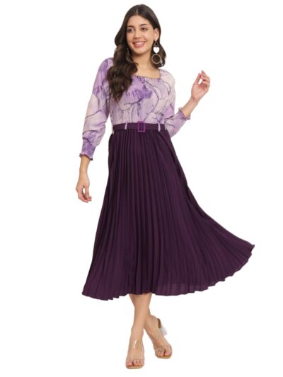 OTABU Women A-line Dress with Pleats, has an Square Neck, Printed Top Comes with a Belt