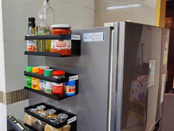 OrganizeMee Small Kitchen Storage Solution Magnetic Corner Shelf[25 X 12 Cm] - Wall Mount Spice Rack, Utensil Holder. Fridge, Washer, Microwave Organizer (Black Qty:1) - Alloy Steel