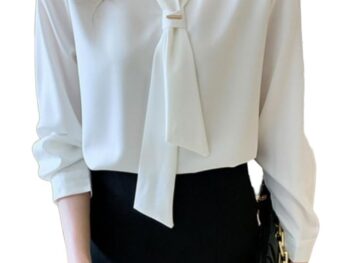 PINKHUB Elegant Women's Tie Neck Summer Long Sleeve V-Neck Chiffon Korean Style Plain Business Work Shirts Blouse Top
