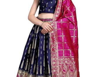 PURVAJA Women's Faux Silk Jacquard Semi-Stitched Embroidered Fabric Lehenga Choli