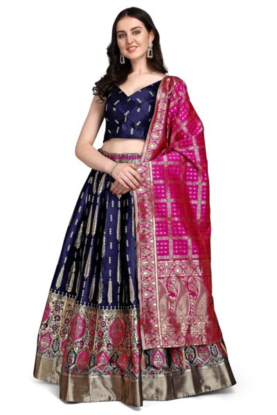 PURVAJA Women's Faux Silk Jacquard Semi-Stitched Embroidered Fabric Lehenga Choli