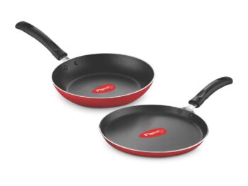 Pigeon Aluminium Nonstick Duo Pack Flat Tawa 250 and Fry Pan 200 Gift Set (Red)