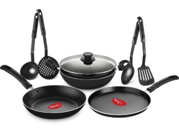 Pigeon Mio Nonstick Aluminium Cookware Gift Set, Includes Nonstick Flat Tawa, Nonstick Fry Pan, Kitchen Tool Set, Nonstick Kadai with Glass Lid, 8 Pieces Kitchen Set (Black)