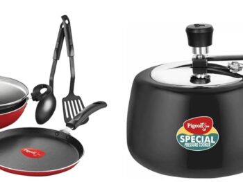 Pigeon by Stovekraft Hard Anodised Aluminium Inner Lid Cooker - 3 Litre with Induction Base (Contura), medium & Mio Nonstick Aluminium Cookware Gift Set, 8 Pieces Kitchen Set