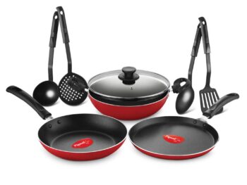 Pigeon by Stovekraft Mio Nonstick Aluminium Cookware Gift Set, Includes Nonstick Flat Tawa, Nonstick Fry Pan, Kitchen Tool Set, Kadai with Glass Lid, 8 Pieces Non-Induction Base Kitchen Set - Red